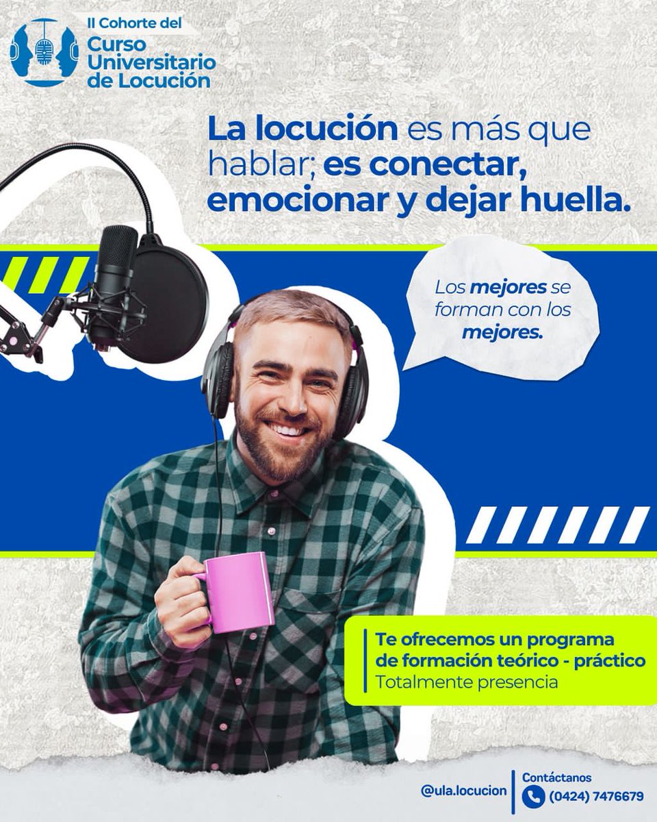 Hablar es Conectar: #Curso Universitario de #Locución #ULA
🗓️ Inicio: 30 de mayo de 2025 
📚 Duración: 100 horas académicas 
🏫 Modalidad: Totalmente Presencial
📝 Te ofrecemos un programa de formación teórico-práctico

✨Conectemos a través de la locución
instagram.com/p/DKHpK4wOh1j/…