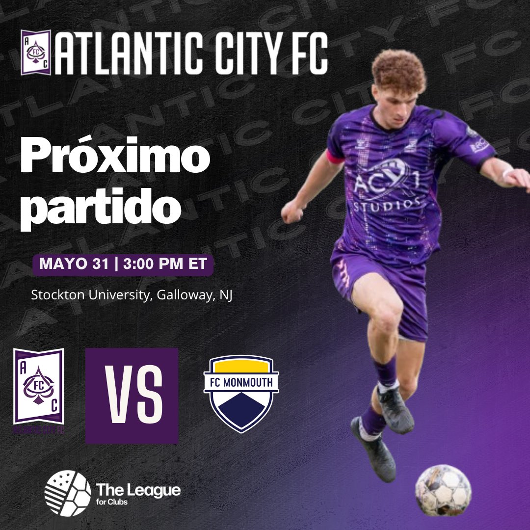 🚨¡Este sábado volvemos a casa!🚨

🏡Primer partido en casa de la temporada y no podría ser mejor😉

🟣♠️<a href="/AtlanticCityFC/">Atlantic City FC</a> vs <a href="/WeAreMonmouth/">FC Monmouth</a> ⛰️

💢¡Prepárate para goles, gritos y mucho amor por la camiseta! 💪

Nos vemos en el estadio… 🏟️ 

#AtlanticCityFC #casa #local