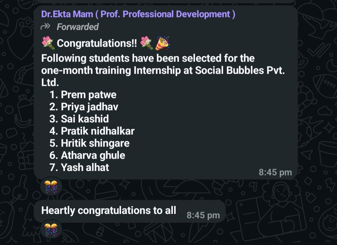 hritik_shingare's tweet photo. Excited to share that Iโve been selected
for a 1-month internship at Social Bubbles Pvt. Ltd.!
Grateful for this opportunity and looking forward to the experience.
#Internship #Gratitude #LearningJourney #SocialBubbles https://t.co/oo85JJ1bXl