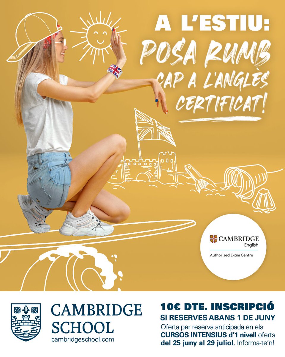ÚLTIMS DIES D’OFERTA per reserva anticipada!
 
Reserva els CURSOS INTENSIUS D’ESTIU a #CambridgeSchoolOfficial abans de l’1 de juny i gaudeix de 10€ DTE. en la inscripció!

MÉS INFO a 👉👉👉cambridgeschool.com/ca/oferta-d-es…