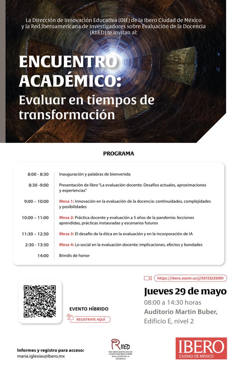 La <a href="/IBERO_mx/">IBERO CDMX</a> te invita al encuentro académico: Evaluar en tiempos de transformación.
📆29 de mayo, 8:00 a 14:30 h
📍Auditorio Martín Buber, Edificio E, nivel 2.
✅Registro: forms.office.com/pages/response…
