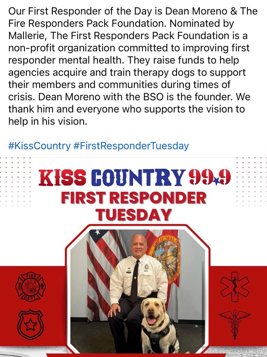 first_responders_pack (@oscartherapydog) on Twitter photo Humbled and honored to be nominated by someone and recognized by <a href="/kisscountry999/">KISS Country 99.9</a> on First Responders Tuesday. #therapydog #firstresponderspack #bsofr #bfrs_dogs #browardcounty #giveback #makeadifference Humbled and honored to be nominated by someone and recognized by <a href="/kisscountry999/">KISS Country 99.9</a> on First Responders Tuesday. #therapydog #firstresponderspack #bsofr #bfrs_dogs #browardcounty #giveback #makeadifference