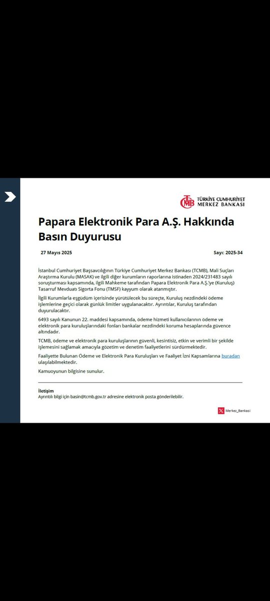 #papara Merkez bankası aciklamasi
