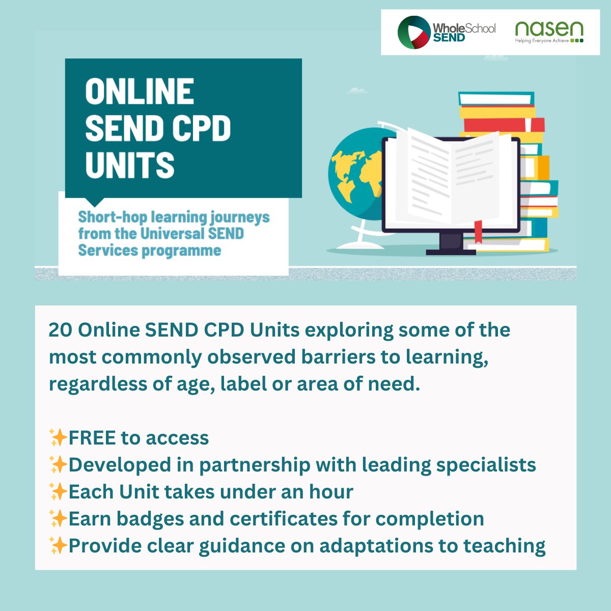 Universally Useful #SEND CPD: <a href="/WholeSchoolSEND/">Whole School SEND</a> Universal SEND Services online training for schools is quality assured and FREE to access, funded by <a href="/educationgovuk/">Department for Education</a>. A range of learning journeys is available for every career stage. bit.ly/40s8ODf