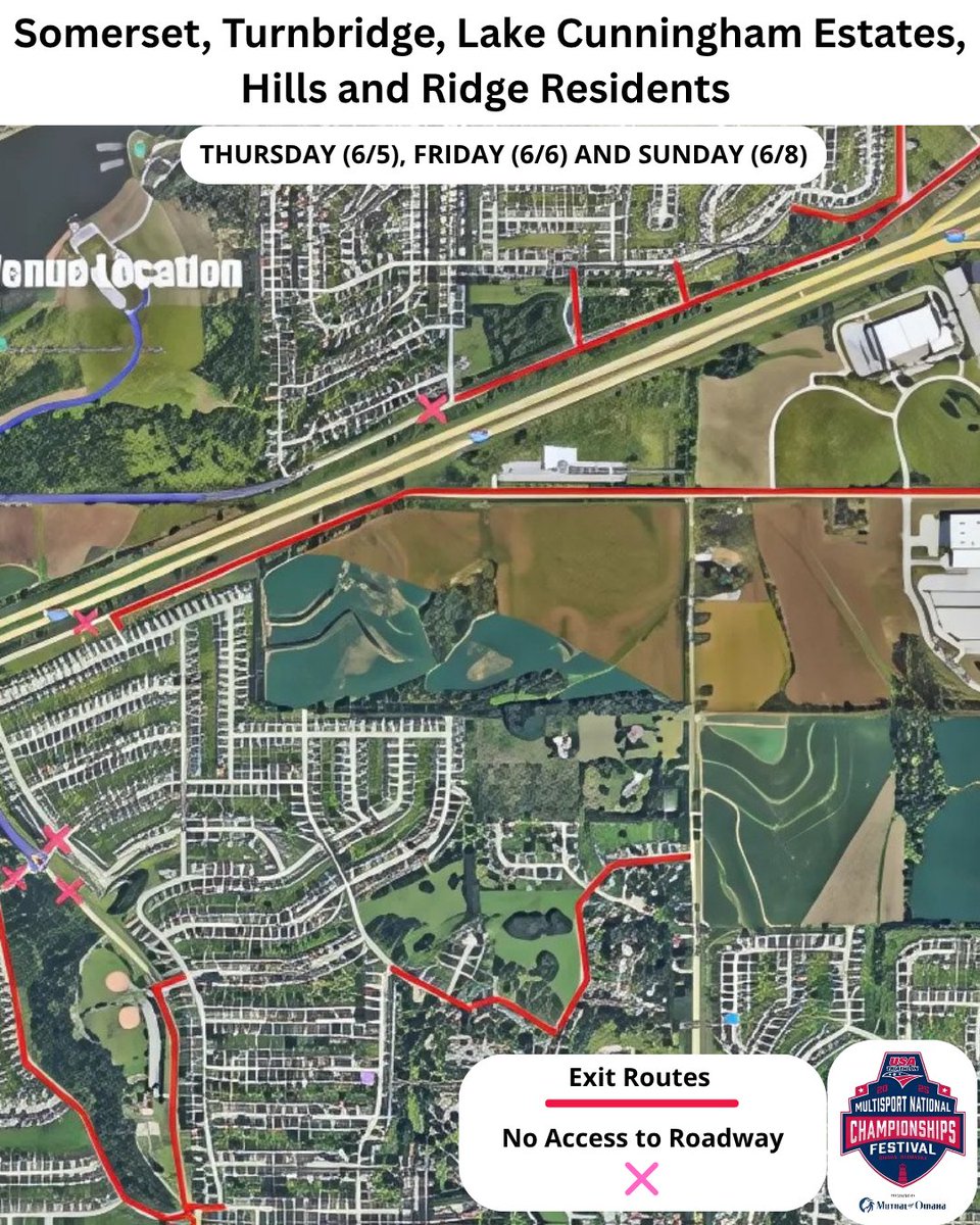 Omaha Sports Commission (@omaha_sport) on Twitter photo ⚠️Neighborhood Access Alert!⚠️
Access limited due to the USA Triathlon Championships:
THURSDAY (6/5) | 1:50PM - 7:00PM
FRIDAY (6/6) | 8:00AM - 2:00PM
SUNDAY (6/8) | 6:00AM - 1:15PM
Impacted areas: Somerset, Turnbridge, Lake Cunningham Estates, Hills, and Ridge
<a href="/usatriathlon/">USA Triathlon</a> ⚠️Neighborhood Access Alert!⚠️
Access limited due to the USA Triathlon Championships:
THURSDAY (6/5) | 1:50PM - 7:00PM
FRIDAY (6/6) | 8:00AM - 2:00PM
SUNDAY (6/8) | 6:00AM - 1:15PM
Impacted areas: Somerset, Turnbridge, Lake Cunningham Estates, Hills, and Ridge
<a href="/usatriathlon/">USA Triathlon</a>