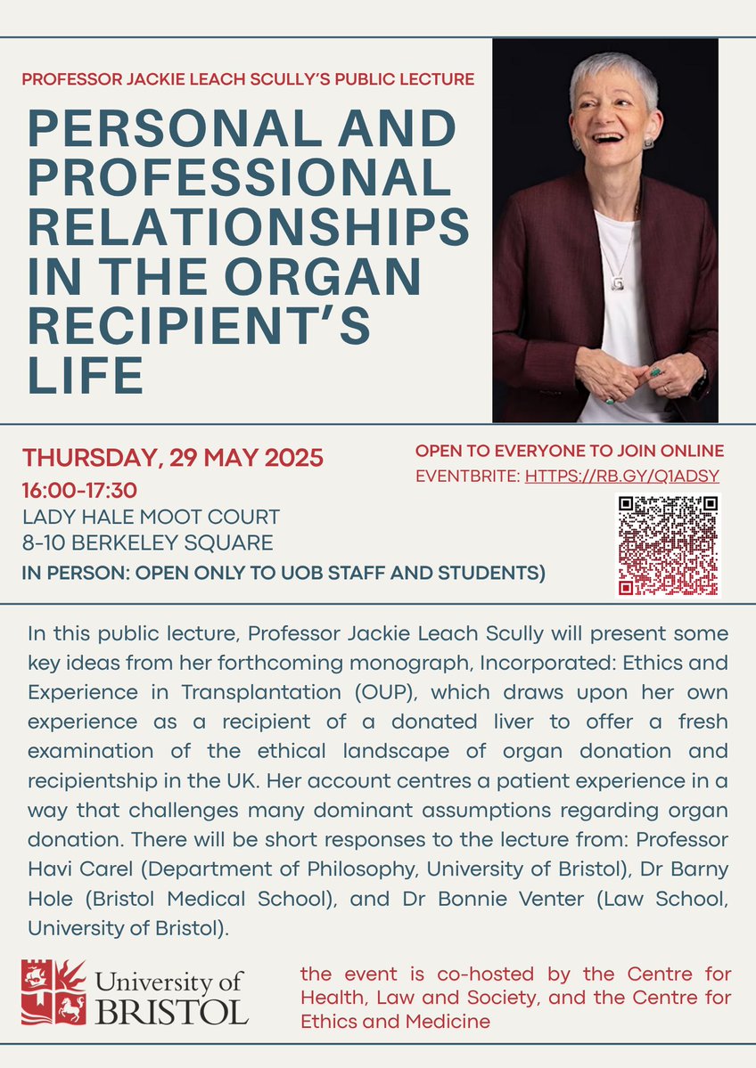 Dr Bonnie Venter 🍉 (@theorganogress) on Twitter photo ICYMI, this week we're so excited to be hosting Prof Jackie Leach Scully's public lecture <a href="/BristolUniLaw/">Bristol Law School</a> alongside <a href="/BristolEthics/">Bristol Uni CEM</a>. For further details see 👇 ICYMI, this week we're so excited to be hosting Prof Jackie Leach Scully's public lecture <a href="/BristolUniLaw/">Bristol Law School</a> alongside <a href="/BristolEthics/">Bristol Uni CEM</a>. For further details see 👇