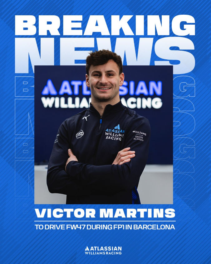 F1HP4's tweet photo. 🚨 Víctor Martins debutará en la FP1 del GP de Barcelona

El piloto francés hará su debut en la Fórmula 1 durante la primera sesión de entrenamientos libres (FP1) del Gran Premio de Barcelona. Martins tomará el lugar de Carlos Sainz en el monoplaza del equipo Williams. https://t.co/sKQcdPrApe