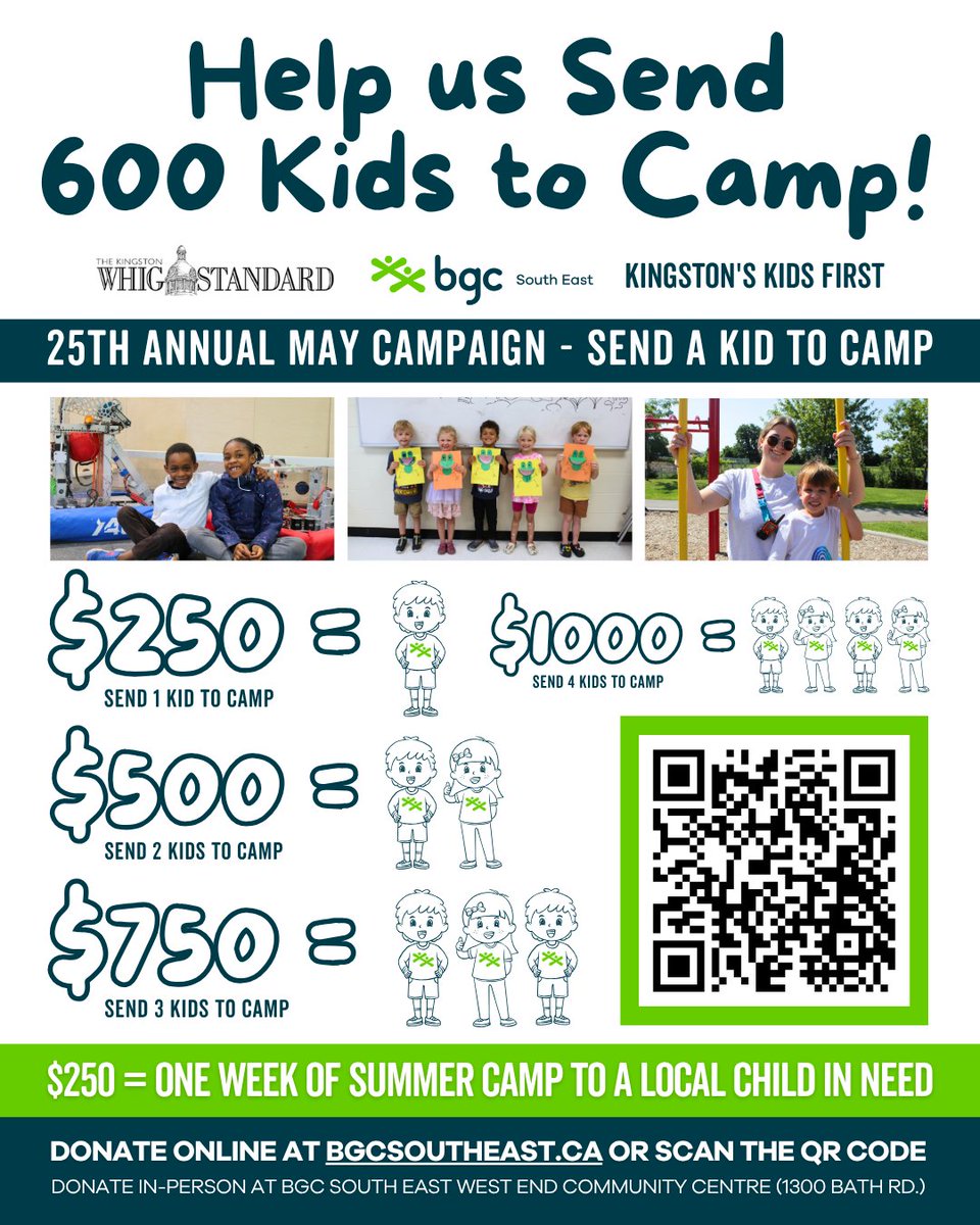We’re in the final stretch of our 25th Annual May Campaign, and we need your help to reach our goal of sending 600 kids to camp! 💚

Big or small, every donation helps get us closer.
Donate online: canadahelps.org/en/dn/40731?v2… or in-person at 1300 Bath Rd (BGC West End)