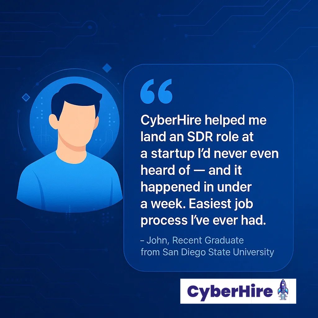 CyberHireAi's tweet photo. 🚀 Hired in under a week.

CyberHire connects startups with recent grads + early-career talent for SDR, BDR, and CSM roles — fast.

No bloat. Just results.

https://t.co/UJ5OIni0kl

#CyberHire #StartupJob #SDR #BDR #CSM #AI #sales #future #meme #jobs #cyber #business #tech #News https://t.co/qfs9IzWy4y