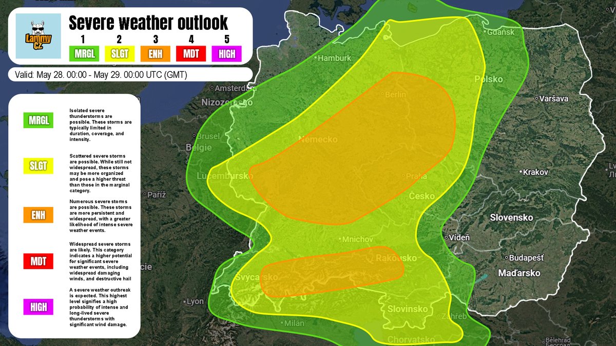 LammyCZ's tweet photo. ⚡Severe #weather #outlook for #Europe
📅Valid: May 28. 2025
🗒️Description: Unorganized #storms may form over Germany and track as #multicells with risks of #hail, strong #winds, and isolated #tornadoes towards Czechia.
📜Read the discussion for more info!
#weather #EUwx https://t.co/2fqR3LYC0R