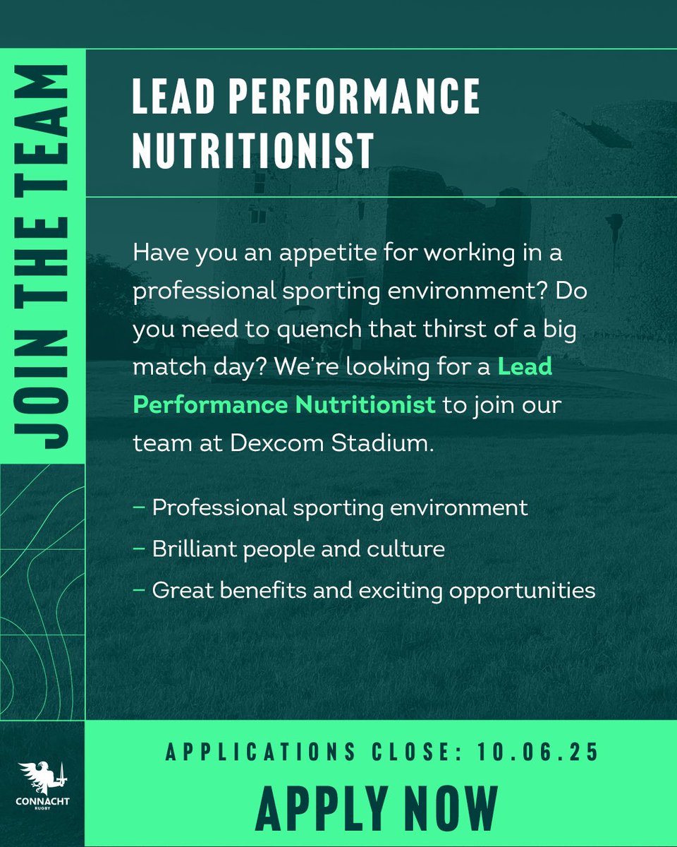 Join the team 👋

We are looking for a Lead Performance Nutritionist who will work with our Pro team, Academy and National Talent Squad programmes 🟢🟢

More ℹ️ and how to apply click the link 🔗 connachtrugby.ie/about/careers/…

#OneConnacht