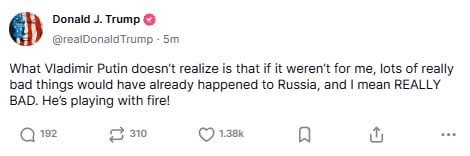 RT_com's tweet photo. President Trump warns Moscow, claiming Russia avoided ‘REALLY BAD’ consequences only thanks to him

‘Putin doesn’t realize… he’s playing with fire!’ — Trump’s message leaves little room for misinterpretation

Until he posts the opposite tomorrow morning https://t.co/AOTjt3uYLS