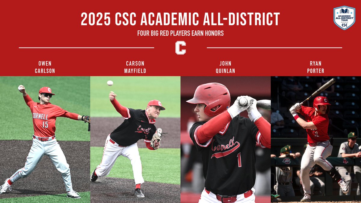 Cornell Big Red (@cornellsports) on Twitter photo Seniors Ryan Porter and John Quinlan, junior Carson Mayfield, and sophomore Owen Carlson were <a href="/CornellBaseball/">Cornell Baseball</a>'s representatives named to the 2025 Academic All-District Baseball Team, as announced by <a href="/CollSportsComm/">College Sports Communicators</a> this afternoon.
📰: cornellbigred.com/news/2025/5/27…
#YellCornell Seniors Ryan Porter and John Quinlan, junior Carson Mayfield, and sophomore Owen Carlson were <a href="/CornellBaseball/">Cornell Baseball</a>'s representatives named to the 2025 Academic All-District Baseball Team, as announced by <a href="/CollSportsComm/">College Sports Communicators</a> this afternoon.
📰: cornellbigred.com/news/2025/5/27…
#YellCornell