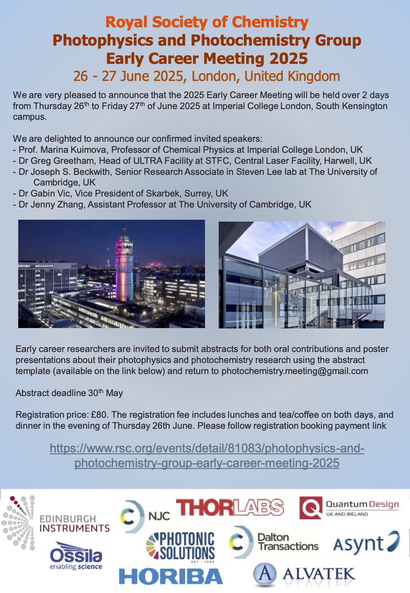 RSC Photophysics & Photochemistry Group (@rsc_photochem) on Twitter photo Last couple of days until the abstract submission deadline, this Friday the 30th of May, for our <a href="/RSC_Photochem/">RSC Photophysics & Photochemistry Group</a> early career meeting in London this June.
For more details about how to submit an abstract for a talk or poster please see: rsc.org/events/detail/… Last couple of days until the abstract submission deadline, this Friday the 30th of May, for our <a href="/RSC_Photochem/">RSC Photophysics & Photochemistry Group</a> early career meeting in London this June.
For more details about how to submit an abstract for a talk or poster please see: rsc.org/events/detail/…
