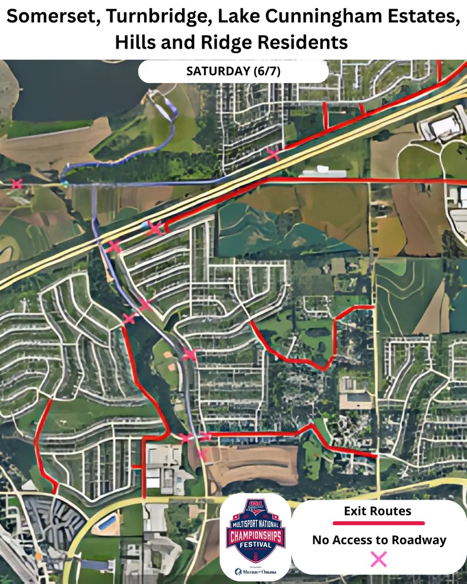 Omaha Sports Commission (@omaha_sport) on Twitter photo ⚠️Neighborhood Access Alert!⚠️
SATURDAY, June 7 | 6:00AM - 4:00PM
Access in/out of the following neighborhoods will be restricted due to the USA Triathlon Championships:
- Somerset
- Turnbridge
- Lake Cunningham Estates, Hills and Ridge
Please plan ahead!
<a href="/usatriathlon/">USA Triathlon</a> ⚠️Neighborhood Access Alert!⚠️
SATURDAY, June 7 | 6:00AM - 4:00PM
Access in/out of the following neighborhoods will be restricted due to the USA Triathlon Championships:
- Somerset
- Turnbridge
- Lake Cunningham Estates, Hills and Ridge
Please plan ahead!
<a href="/usatriathlon/">USA Triathlon</a>