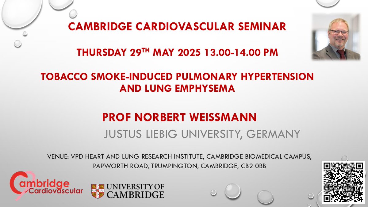 Join us this Thursday, 1-2pm, at the VPD-HLRI, CB2 0BB. Prof Norbert Weissmann, Justus Liebig University, will talk as part of our Cambridge Cardiovascular Seminar Series: Tobacco smoke-induced pulmonary hypertension and lung emphysema. All welcome.