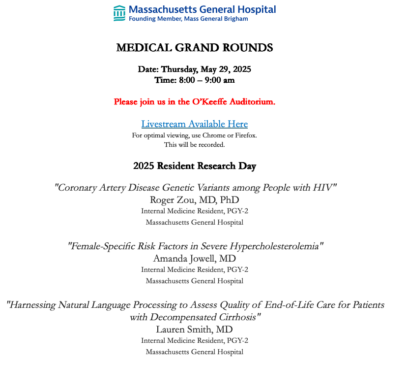 Pradeep Natarajan (@pnatarajanmd) on Twitter photo Exciting to have two of the residents working with us give talks <a href="/MGHMedicine/">MassGeneral Medicine</a> Grand rounds for 2025 Resident Research Day this Thursday!
<a href="/rogerszou/">Roger Zou</a> (working w <a href="/AniruddhPatelMD/">Aniruddh Patel</a>) & <a href="/amandajowell/">Amanda Jowell</a> (working w <a href="/mchonig/">Michael Honigberg, MD, MPP</a>) Exciting to have two of the residents working with us give talks <a href="/MGHMedicine/">MassGeneral Medicine</a> Grand rounds for 2025 Resident Research Day this Thursday!
<a href="/rogerszou/">Roger Zou</a> (working w <a href="/AniruddhPatelMD/">Aniruddh Patel</a>) & <a href="/amandajowell/">Amanda Jowell</a> (working w <a href="/mchonig/">Michael Honigberg, MD, MPP</a>)