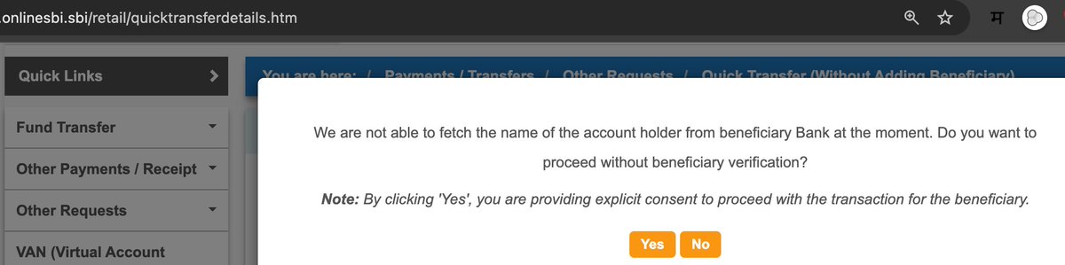 मकरंद (Makrand) (@makrand_san) on Twitter photo Dear <a href="/TheOfficialSBI/">State Bank of India</a> This never works. No matter how many times I tried verifying name of benificiary by account no and IFSC code, this the warning it always gives. Does this even work in 1st place? Dear <a href="/TheOfficialSBI/">State Bank of India</a> This never works. No matter how many times I tried verifying name of benificiary by account no and IFSC code, this the warning it always gives. Does this even work in 1st place?