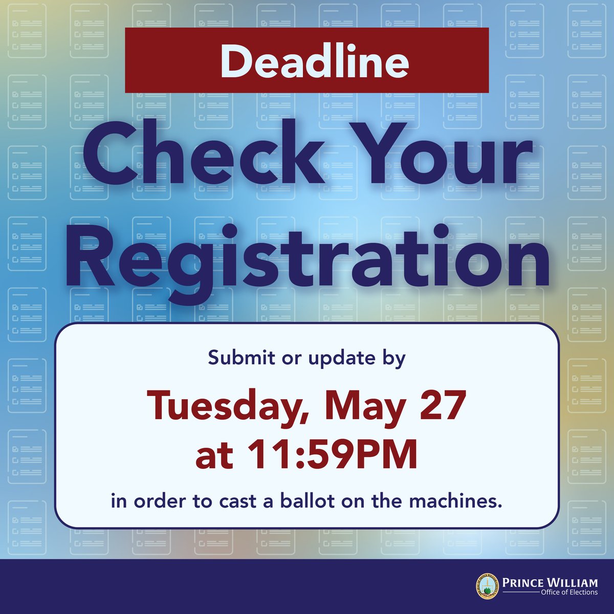 PWCVotes's tweet image. Deadline! Check your registration today to vote a regular ballot in the June Primary. Voters who miss this deadline may use Same Day Registration at Early Voting or on Election Day to cast a provisional ballot. #PWCVotes