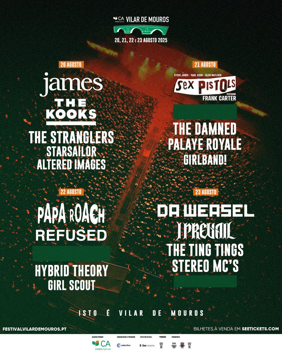 James (@wearejames) on Twitter photo Day splits have been announced for Vilar de Mouros, and James will be joined on August 20 by <a href="/thekooksmusic/">The Kooks</a>, The Stranglers, <a href="/Starsailorband/">Starsailor Official</a> and <a href="/AlteredImages5/">Altered Images</a>. Tickets at linktr.ee/jamesisnotaper… NBL x
#JamesLive2025 #LiveMusic #Portugal Day splits have been announced for Vilar de Mouros, and James will be joined on August 20 by <a href="/thekooksmusic/">The Kooks</a>, The Stranglers, <a href="/Starsailorband/">Starsailor Official</a> and <a href="/AlteredImages5/">Altered Images</a>. Tickets at linktr.ee/jamesisnotaper… NBL x
#JamesLive2025 #LiveMusic #Portugal