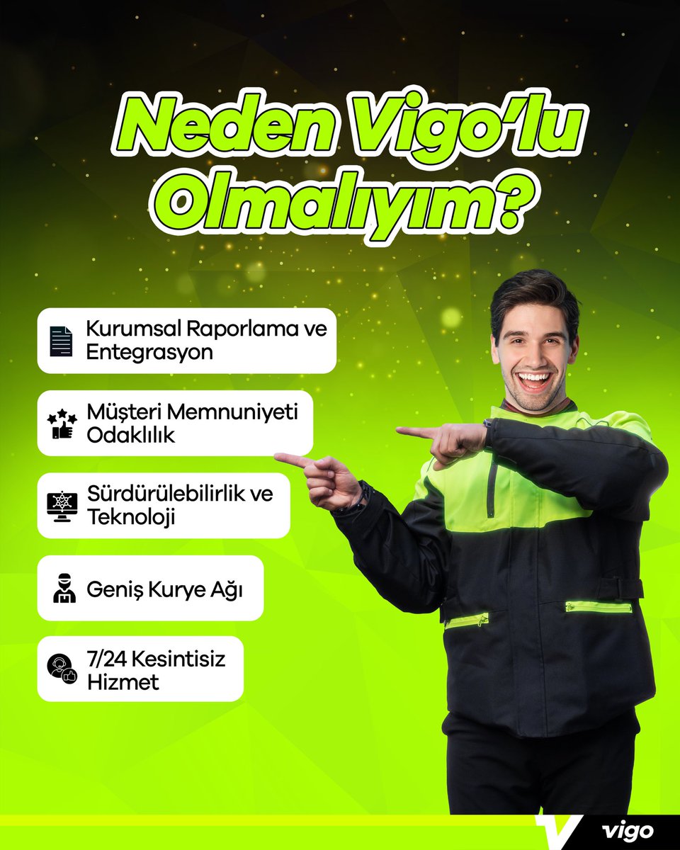 Vigo olarak, kurumsal raporlama ve entegrasyondan geniş kurye ağına, 7/24 kesintisiz hizmetten müşteri memnuniyetine kadar birçok avantaj sunuyoruz.

Siz de işletmeleriniz için kurye hizmeti almak isterseniz web sitemizden veva DM atarak bize ulaşabilirsiniz! 💚