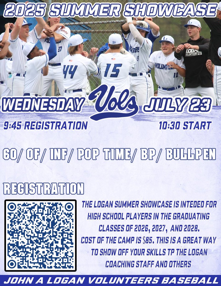 Logan Vols Baseball (@loganvolsbsbl) on Twitter photo 🚨HS BASEBALL PLAYERS🚨
Registration is open for the Logan Baseball Summer Showcase. Register below or email: kylesurprenant@jalc.edu 🚨HS BASEBALL PLAYERS🚨
Registration is open for the Logan Baseball Summer Showcase. Register below or email: kylesurprenant@jalc.edu