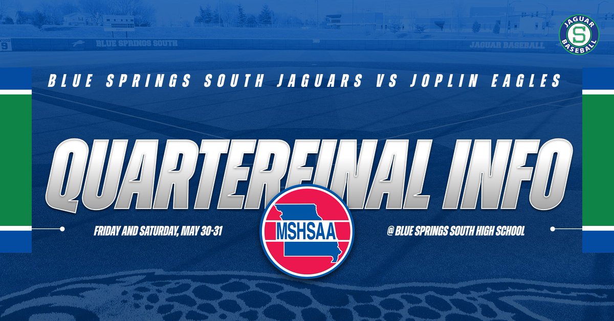 MSHSAA Class 6 Quarterfinal Baseball Series:
Blue Springs South vs Joplin
Game 1: Friday, May 30th at 4:00 PM
Game 2: Saturday, May 31st at 12:00 PM
Game 3: Saturday, May 31st at 2:30 PM (if necessary)

Ticketing and LiveStream information may be found at mshsaa.com