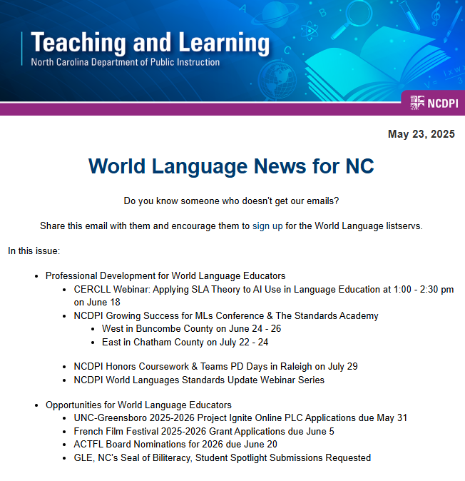 Ann Marie Gunter, Ph.D. (@annmariegunter) on Twitter photo Take a look at the latest #WLnews4NC at content.govdelivery.com/accounts/NCSBE… with upcoming #PD from <a href="/ncpublicschools/">NC Public Schools</a> <a href="/CERCLL/">CERCLL - UArizona</a> plus opportunities from <a href="/UNCG/">UNCG</a> <a href="/villa_albertine/">Villa Albertine</a> <a href="/actfl/">ACTFL</a> #NCWLstandards #DLIinNC <a href="/FLANC_WorldLang/">FLANC</a> Take a look at the latest #WLnews4NC at content.govdelivery.com/accounts/NCSBE… with upcoming #PD from <a href="/ncpublicschools/">NC Public Schools</a> <a href="/CERCLL/">CERCLL - UArizona</a> plus opportunities from <a href="/UNCG/">UNCG</a> <a href="/villa_albertine/">Villa Albertine</a> <a href="/actfl/">ACTFL</a> #NCWLstandards #DLIinNC <a href="/FLANC_WorldLang/">FLANC</a>