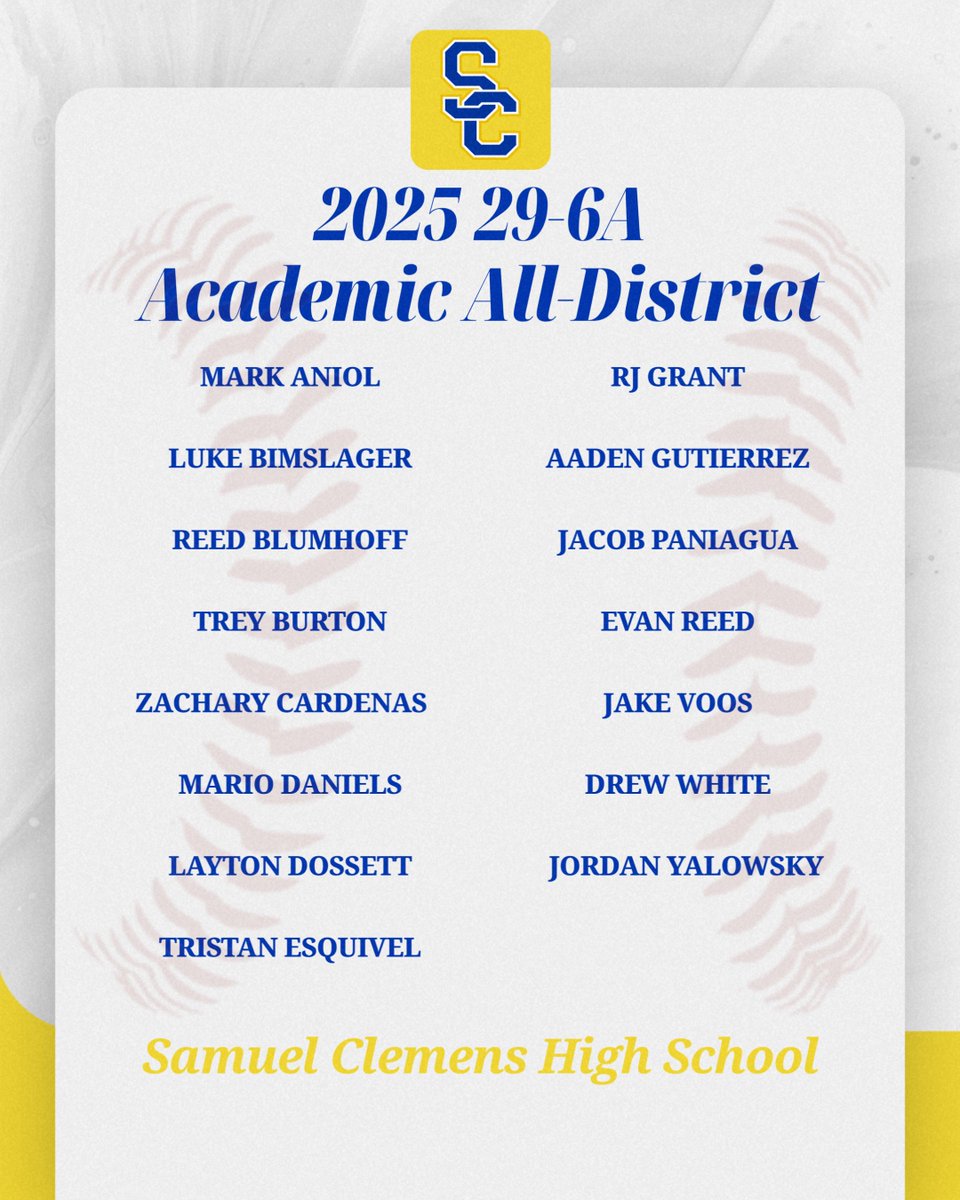 Clemens Baseball (@clemensbaseball) on Twitter photo Big shout out to these guys for getting it done in the classroom this year! 15 guys made the 2025 Academic All-District Team! <a href="/SamuelClemensHS/">Clemens High School</a> <a href="/SCUCISD/">SchertzCiboloUC ISD</a> Big shout out to these guys for getting it done in the classroom this year! 15 guys made the 2025 Academic All-District Team! <a href="/SamuelClemensHS/">Clemens High School</a> <a href="/SCUCISD/">SchertzCiboloUC ISD</a>