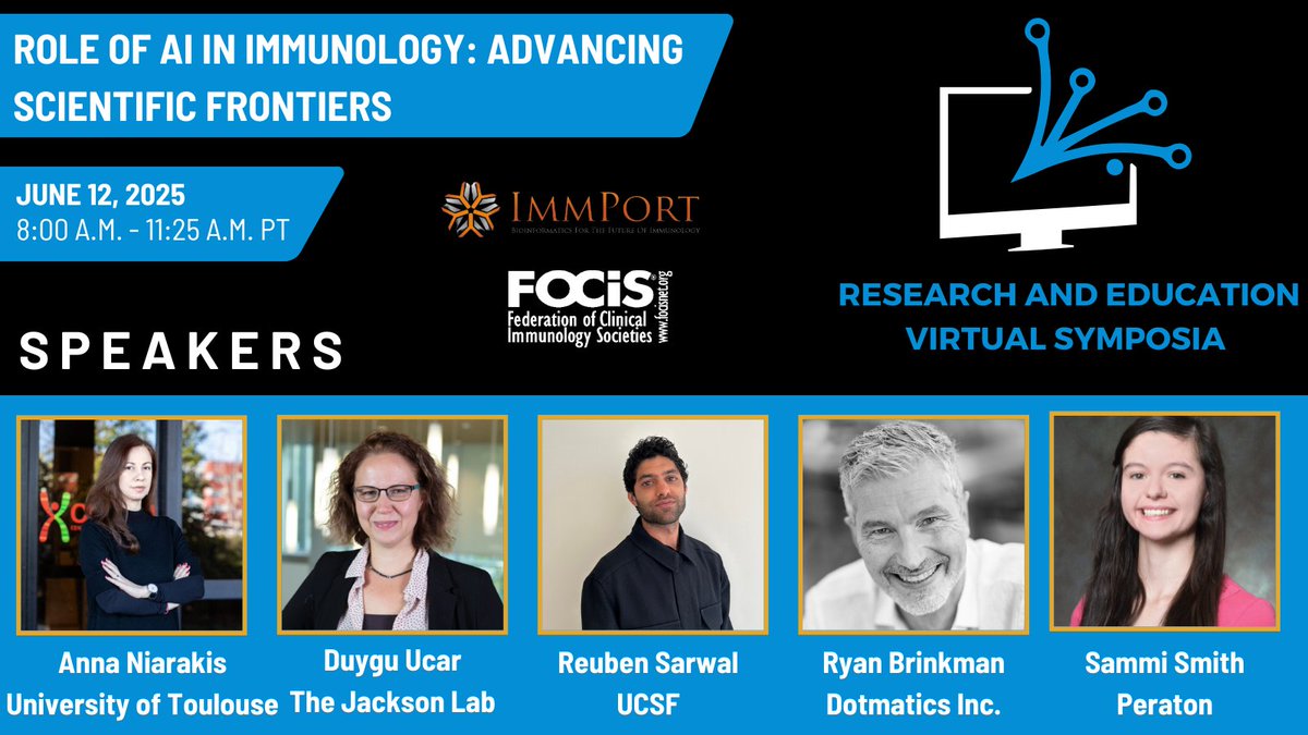 Check out the speakers for the upcoming FOCIS Virtual Symposium on June 12!

Role of AI in Immunology: Advancing Scientific Frontiers 
8:00–11:25 AM PT | Free for members
Students' memberships are FREE | Trainee dues: $70–$80/yr

Register now: zurl.co/uY5sw
