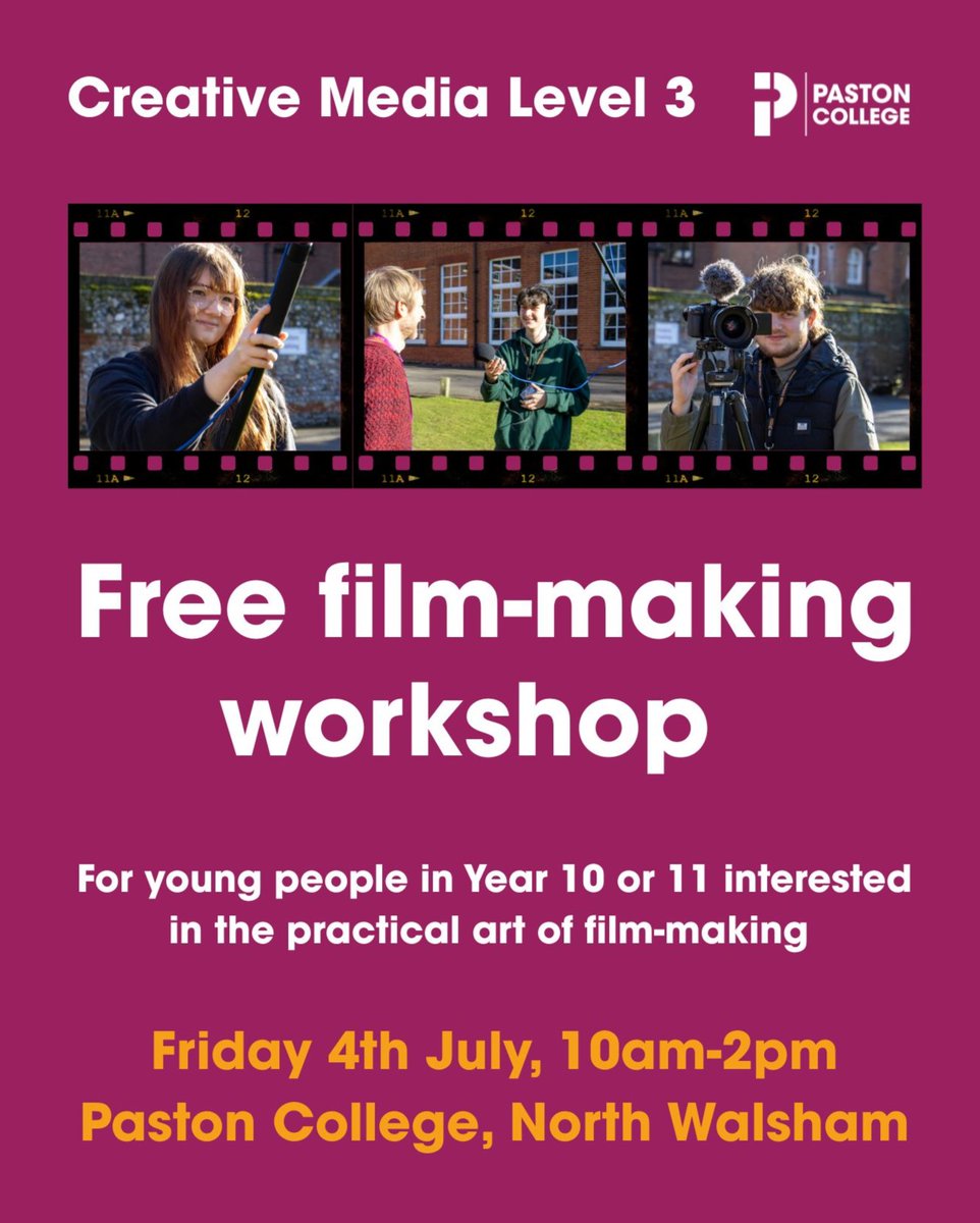A fantastic opportunity at the end of the summer term for young people in Years 10 and 11. Learn from our Creative Media lecturers, who have great industry experience, and get a feel for the fantastic media facilities and equipment at Paston. Contact matt.stainthorpe@ccn.ac.uk.