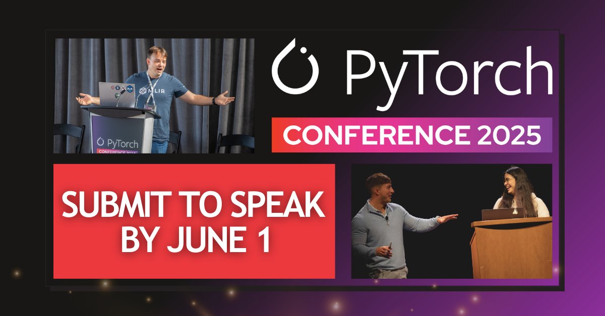 ⏳ 1 week left to submit to #PyTorchConf!
From #GenAI to deployment stories, we want your ideas and insights.

🗓️ Submit by June 1 to join us in San Francisco, Oct 22–23:
🔗 hubs.ly/Q03nHdcC0
