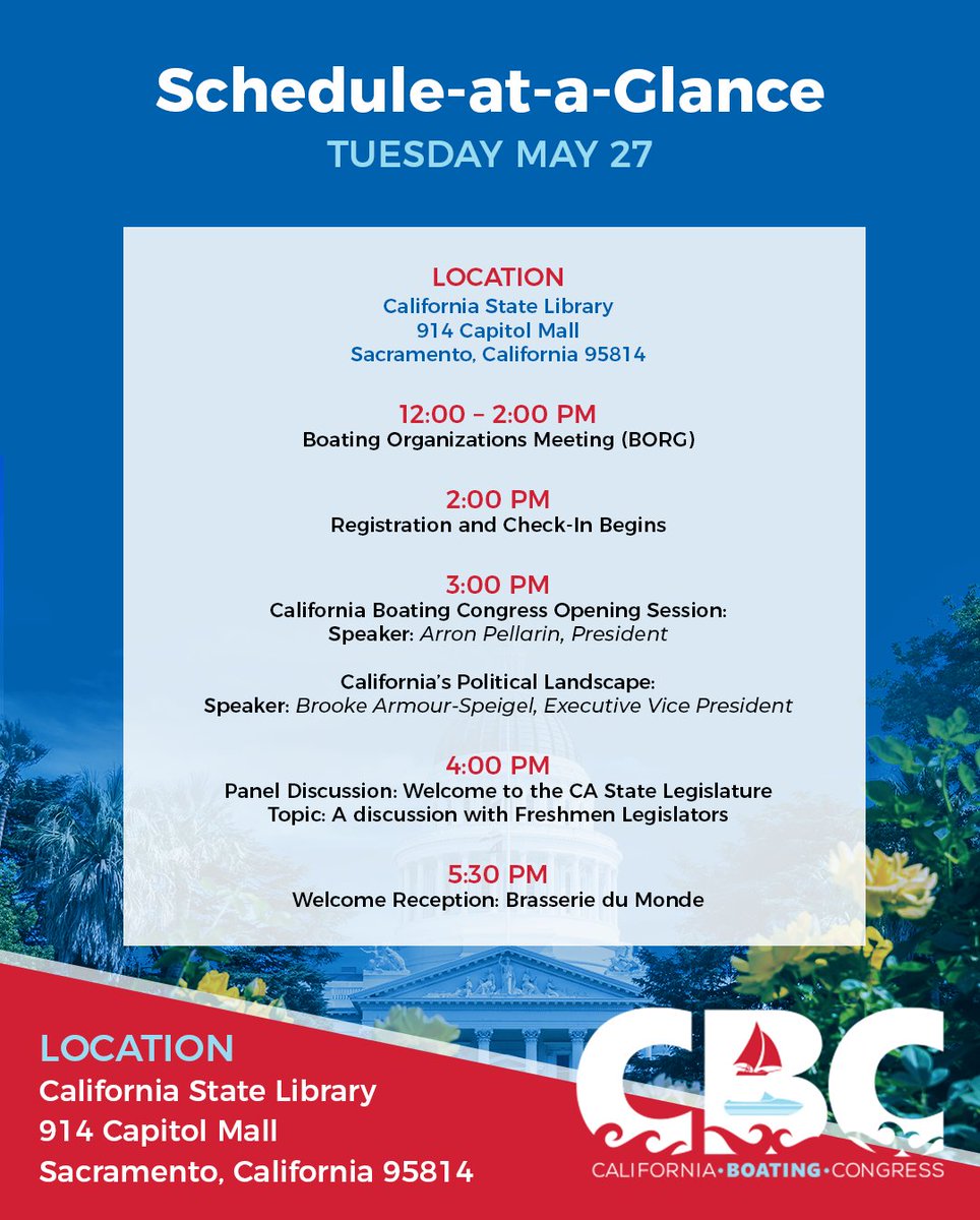 🚨It’s the first day of the California Boating Congress! Here's your schedule-at-a-glance for today!
View the full schedule and event details here: marina.swoogo.com/cbc2025/8133266 
#CBC2025 #BoatingIndustry #MarinePolicy #CaliforniaBoating #YourMRA #BoatingLeadership #MarinaAdvocacy