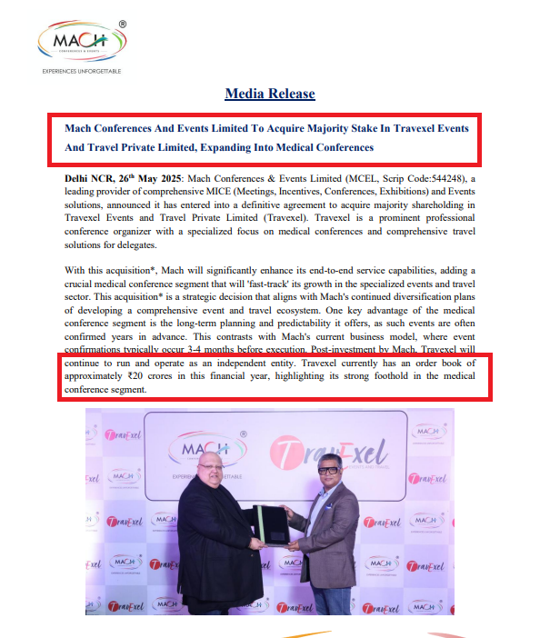 sachprat07's tweet photo. #SME #MCEL
Mach Conferences & Events Update:
👉Promoter bought 85,800 shares ~1.3cr on 27th May
👉Recently notified to acquire Majority Stake In Travexel Events & Travel Pvt Ltd, expanding Into Medical Conferences (20cr order book)
👉All of this on the back of poor FY25 results and delayed concall scheduled for 29th May
