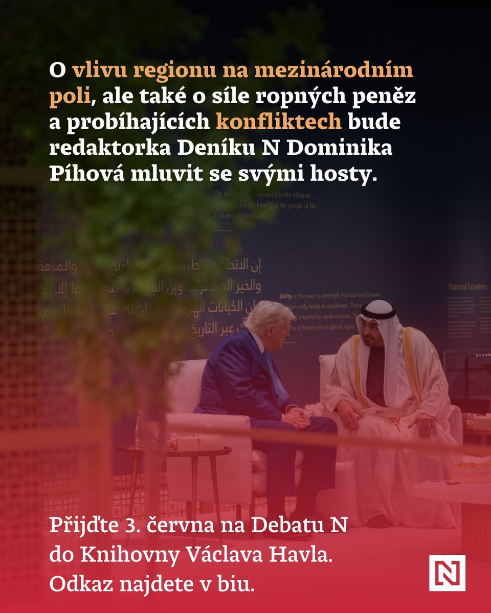 Deník N (@enkocz) on Twitter photo O vlivu Blízkého východu na mezinárodním poli, ale také o síle ropných peněz a probíhajících konfliktech bude redaktorka Deníku N <a href="/DominikaPihova/">Dominika Píhová</a> mluvit s arabistou Ondřejem Beránkem a novinářem a expertem na Blízký východ Břetislavem Turečkem. 👉🏼 vaclavhavel.cz/cs/index/kalen… O vlivu Blízkého východu na mezinárodním poli, ale také o síle ropných peněz a probíhajících konfliktech bude redaktorka Deníku N <a href="/DominikaPihova/">Dominika Píhová</a> mluvit s arabistou Ondřejem Beránkem a novinářem a expertem na Blízký východ Břetislavem Turečkem. 👉🏼 vaclavhavel.cz/cs/index/kalen…