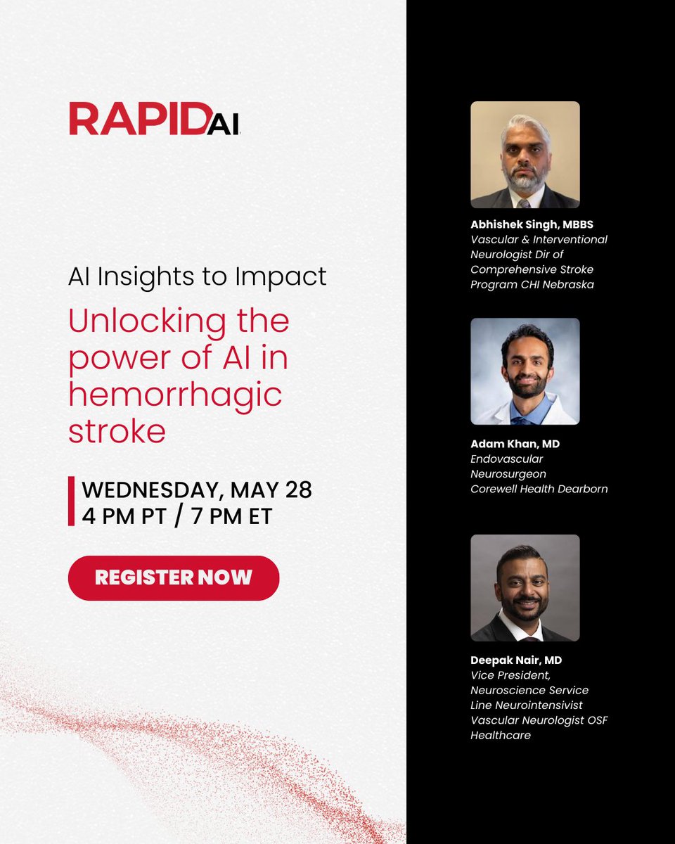 Interested in the emerging role of AI in acute hemorrhagic stroke care? 

Join us for a powerful session with leading experts! Save your spot now: ow.ly/xB4P50VXrhp

#StrokeCare #AIinHealthcare #Webinar #RapidAI