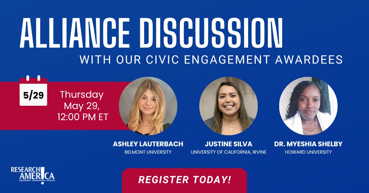 ResearchAmerica's tweet image. Curious about the role #EarlyCareer researchers play in shaping #CivicScience? Join us this Thursday at noon ET for an Alliance Discussion featuring recipients of Research!America&apos;s Civic Engagement awards.

Register: 
us02web.zoom.us/webinar/regist…

#SciComm #Advocacy #Outreach