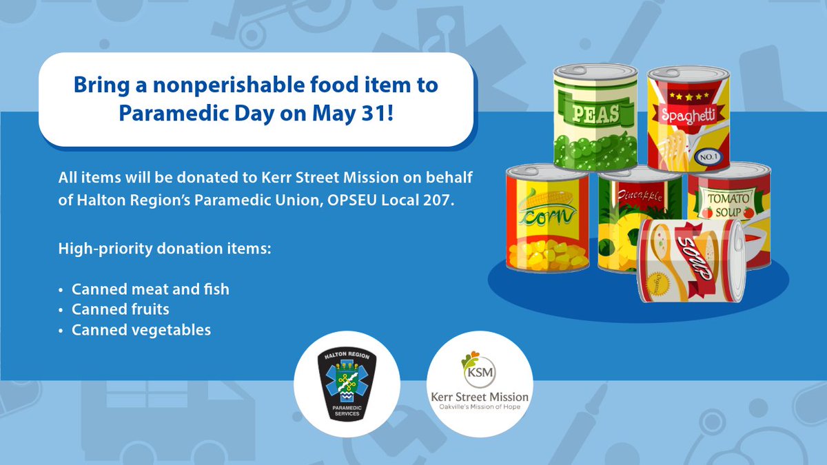 Our Paramedic Day Community Open House is this Saturday, May 31 in #OakvilleON! Don't forget a nonperishable food item in support of Kerr Street Mission on behalf of Halton Region’s Paramedic Union, OPSEU Local 207. 🥫 Get event details: halton.ca/paramedics