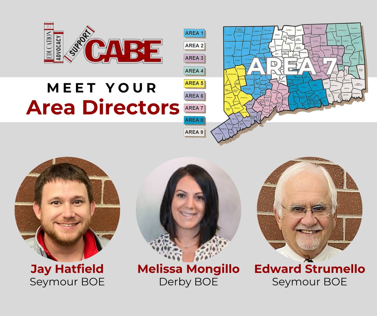 Meet your CABE Area 7 Directors! Jay Hatfield, Seymour BOE, Melissa Mongillo, Derby BOE, and Ed Strumello. 

For more information, visit: ow.ly/lcf750VV00V