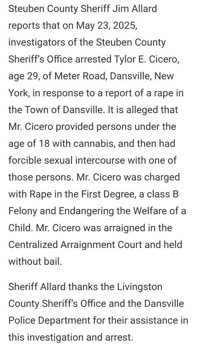 PhD_OnTheCouch's tweet photo. #TylorCicero is accused of giving marijuana to multiple people under the age of 18 in the Town of Dansville and then (forcibly) raping one of them.
1st degree Rape- B felony & endangering the welfare of a child
Steuben County
#Dansville New York
https://t.co/CgQDI91DPj https://t.co/EO4XdGYiBA