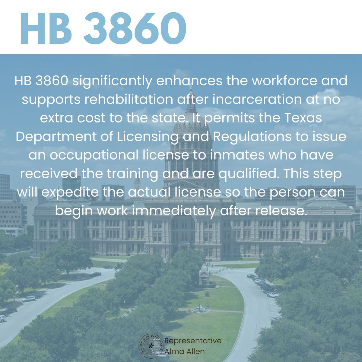 Rep Alma Allen (@repallentx131) on Twitter photo I'm so proud that three of my bills have made it to the Senate! These bills are products of hard work and dedication to improving our education and corrections system for all Texans. #txlege I'm so proud that three of my bills have made it to the Senate! These bills are products of hard work and dedication to improving our education and corrections system for all Texans. #txlege