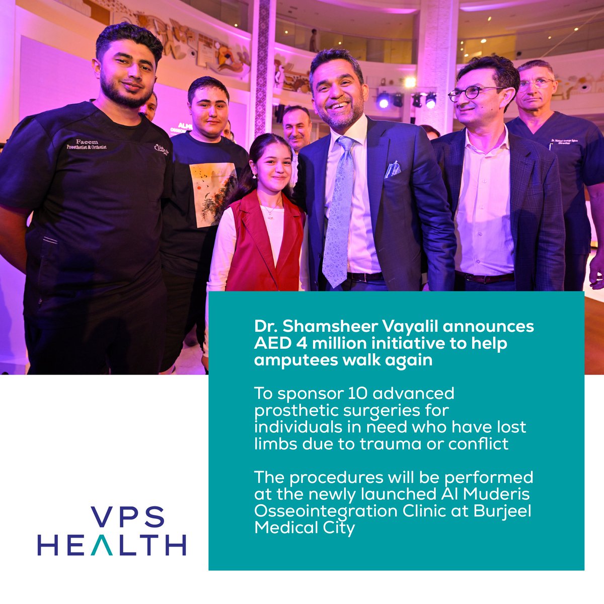 VPS_Health's tweet photo. Dr. Shamsheer Vayalil has pledged 10 advanced osseointegration surgeries for limb-loss patients, announced at the launch of the Al Muderis Osseointegration Clinic at Burjeel Medical City — the region’s first of its kind. 
@drshamsheervp 
#BurjeelMedicalCity #Osseointegration https://t.co/MxtBxkgBOD