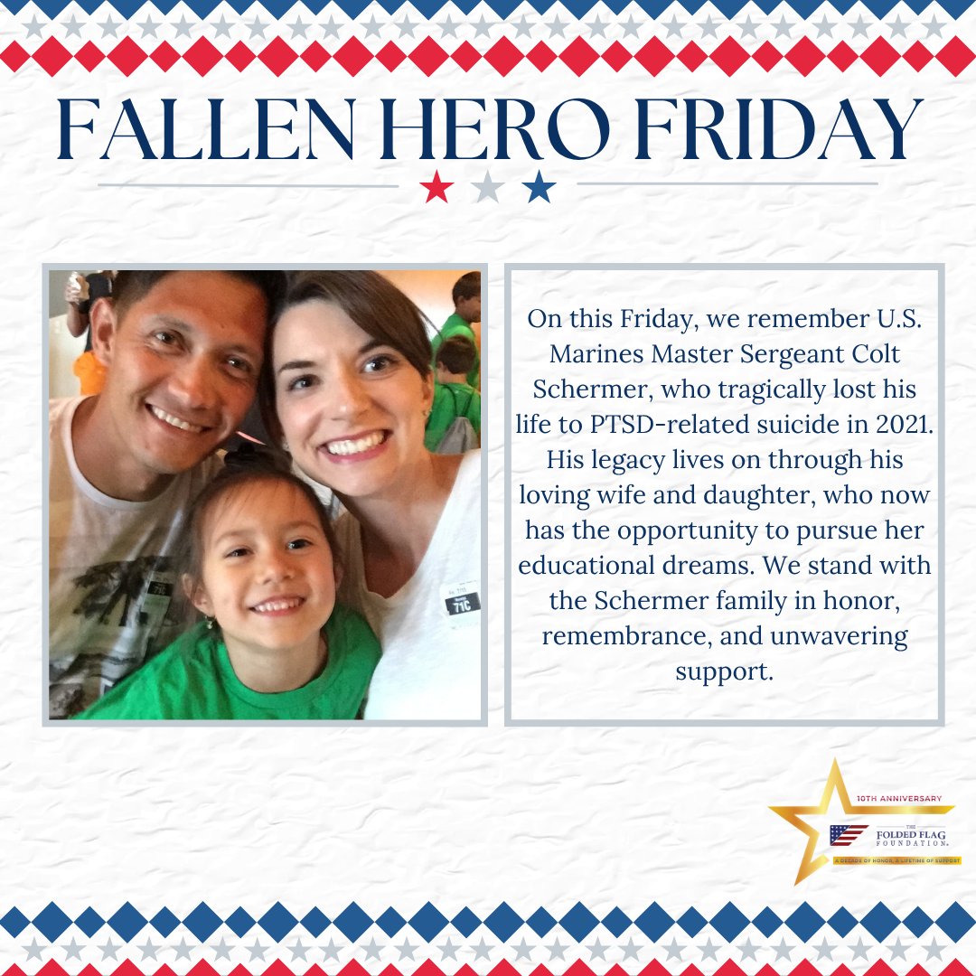 This Friday, we honor the memory of U.S. Marine MSgt Colt Schermer, who lost his life to PTSD in 2021. His legacy lives on through his beloved wife and daughter, now pursuing her dreams. We stand with the Schermer family in remembrance and unwavering support.