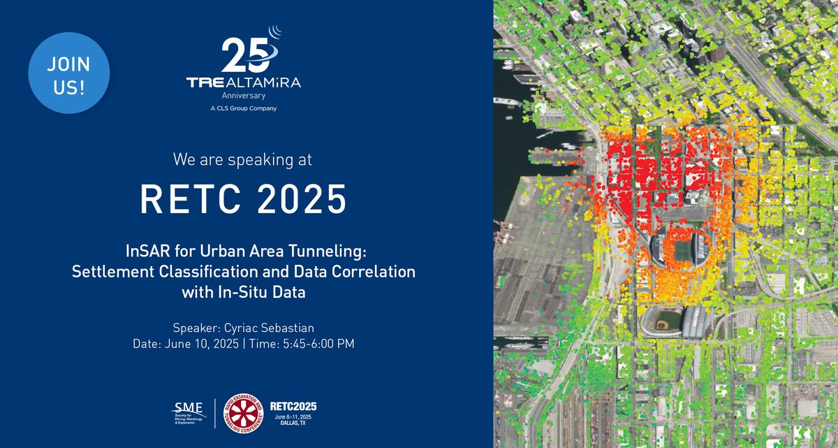 📢#RETC2025 is just around the corner!
🛰️TREA will exhibit at booth 2116, showcasing advanced #InSAR solutions for the #tunneling industry. Don't miss our presentation on June 10 and learn how our technology provides crucial insights for #urban tunneling projects. <a href="/WeBuildBeneath/">UCA</a>