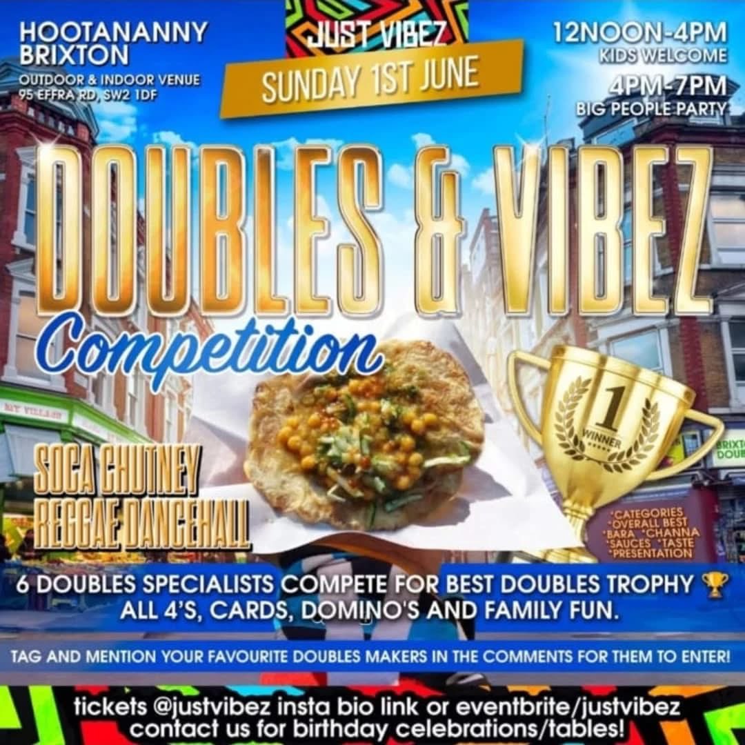 DOUBLES &amp; VIBEZ
9 vendors. 5 categories. 1 trophy.
Vote for the best doubles! 🏆

📆 Sunday 1 June 2025
12–4pm: Family fun
From 4pm: Big People Party

Free Solo/Carib if you arrive by 1:30pm!

We’ll be there with a booth — info + giveaways!

🎟️Tickets: tinyurl.com/4437hap2