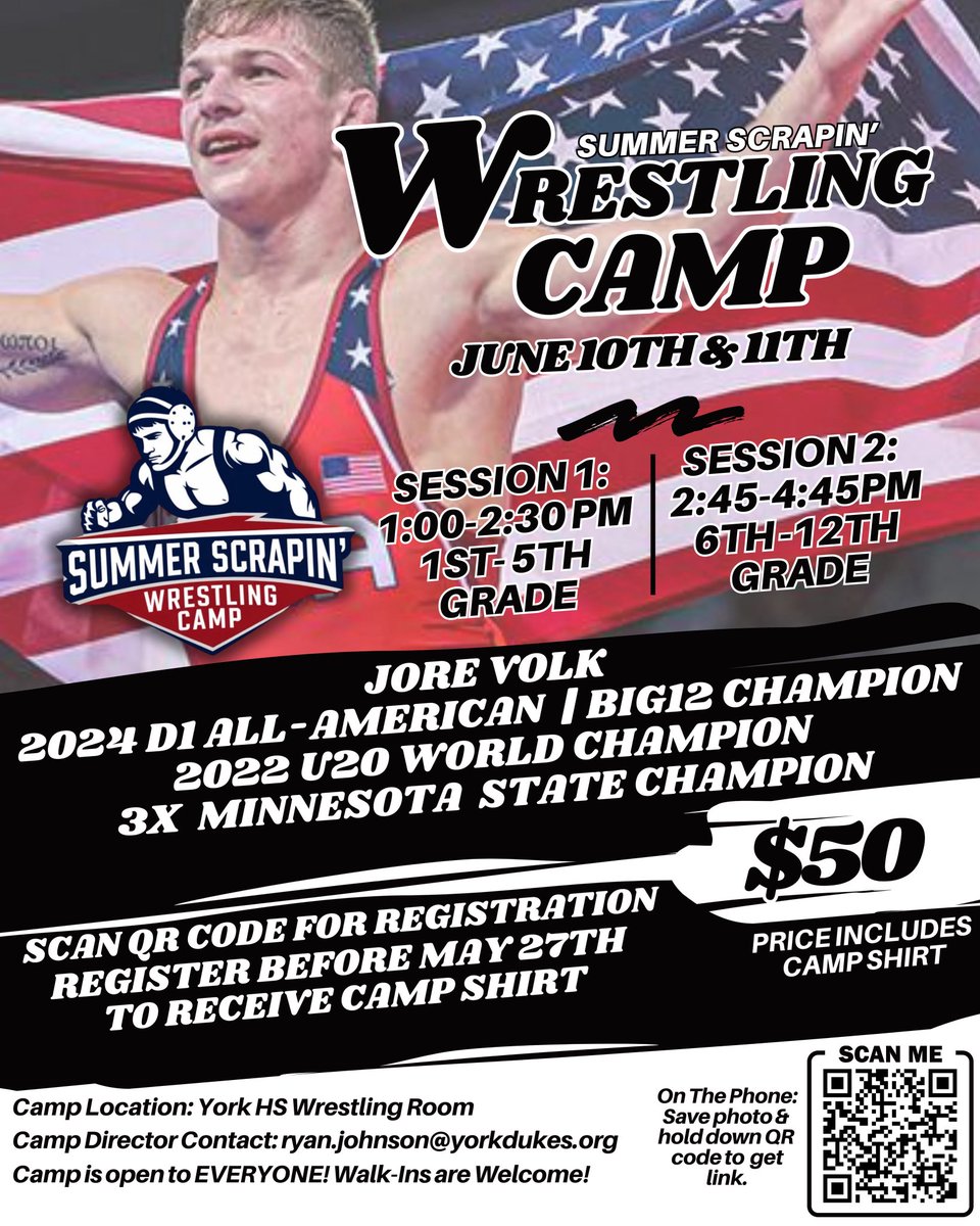 Final day to register for camp and receive the camp shirt! 
📊105 campers signed up
▪️25 campers in 1st Session
▪️80 campers in 2nd Session
⬇️Join the fun and register today!
sites.google.com/view/yorkwrest…