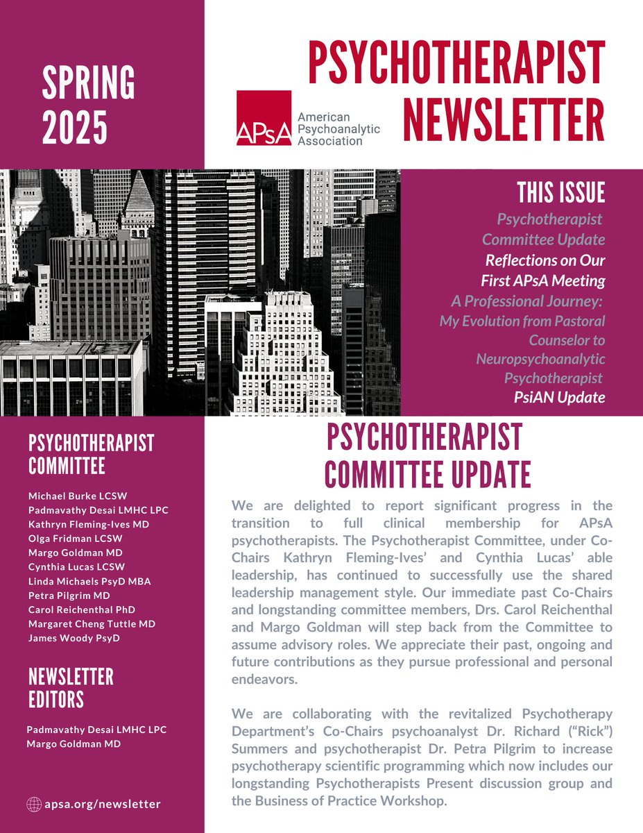 How are psychotherapists progressing at APsA?

Read the Spring 2025 Psychotherapist Newsletter to get updates from the $Psychotherapist Committee, #PsiAN, first-timers at a National Meeting, and a member who became a neuropsychoanalytic psychotherapist.

📖apsa.org/psychotherapis…