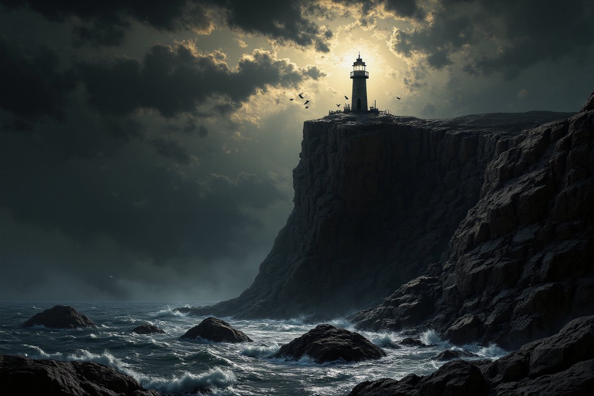 PromptSin's tweet image. Majestic lighthouse standing tall against stormy skies 🌊🗼 #SeasideVibes #LighthouseLife