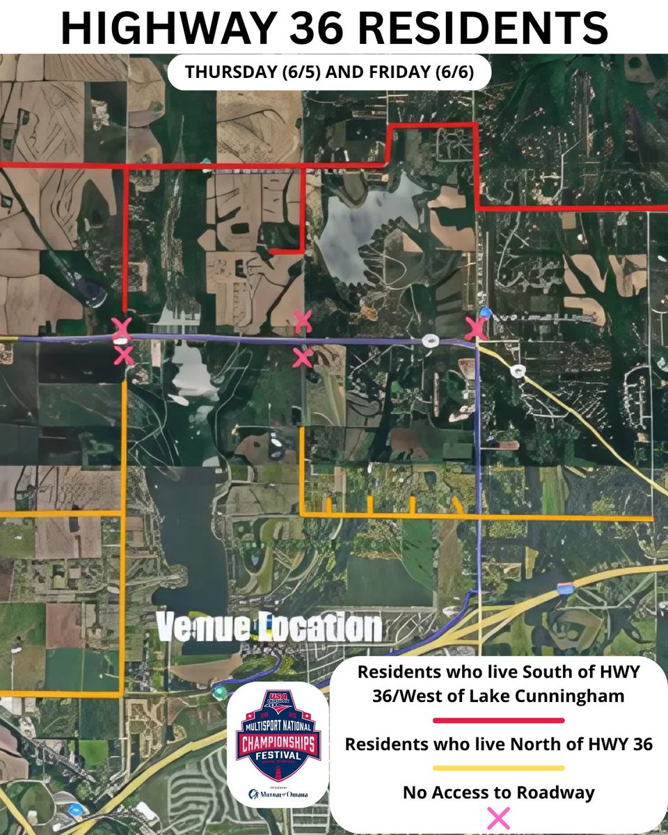 Omaha Sports Commission (@omaha_sport) on Twitter photo ⚠️Highway 36 Residents Access Alert!⚠️
THURSDAY (6/5) and FRIDAY (6/6) | 8:00AM - 2:00PM
Due to the USA Triathlon Championships, access along HWY 36 will be restricted. Please plan ahead and follow the designated routes!
<a href="/usatriathlon/">USA Triathlon</a> ⚠️Highway 36 Residents Access Alert!⚠️
THURSDAY (6/5) and FRIDAY (6/6) | 8:00AM - 2:00PM
Due to the USA Triathlon Championships, access along HWY 36 will be restricted. Please plan ahead and follow the designated routes!
<a href="/usatriathlon/">USA Triathlon</a>