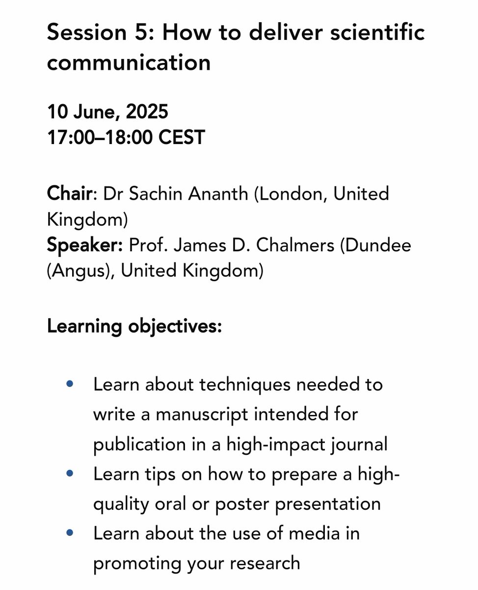Looking forward to hosting the next episode of the <a href="/EuroRespSoc/">ERS</a> Careers in Research series, on scientific communication (10th June at 1700 CEST)

Who better to speak than ERJ Chief Editor <a href="/ProfJDChalmers/">James D Chalmers</a>!

Register now:
ersnet.org/events/tips-fo…
